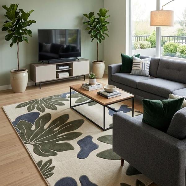 Tropical Botanical Leaf Area Rug – Olive Green