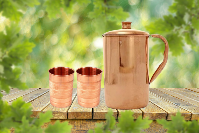Copper Jug Pitcher with Glasses