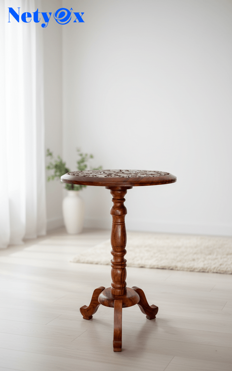Hand-Carved Sheesham Round Multipurpose Corner/Bed-Side/End Table