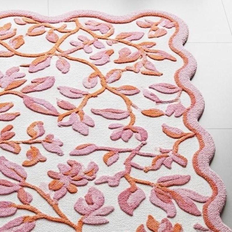 Hand-Tufted Floral Area Rug 3D Scalloped Design, Pink & Burnt Orange
