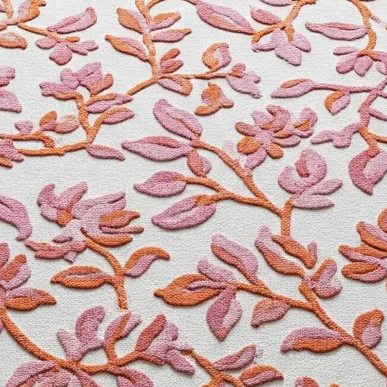 Hand-Tufted Floral Area Rug 3D Scalloped Design, Pink & Burnt Orange