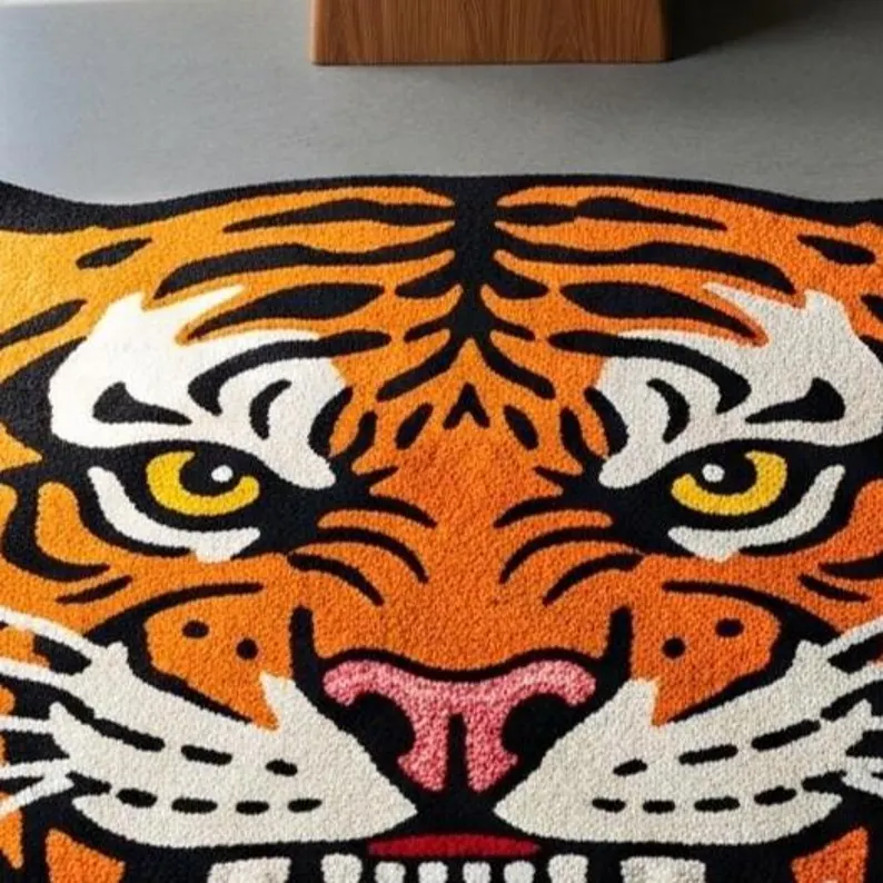 Hand-Tufted Tiger Rug: Colorful Wool Animal Print Rug