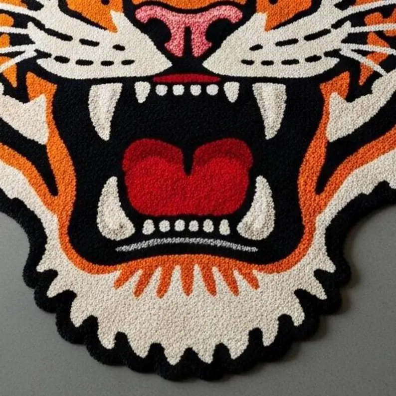 Hand-Tufted Tiger Rug: Colorful Wool Animal Print Rug
