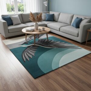 Hand-Tufted Wool Bird Rug Gray, Teal, and Off-White