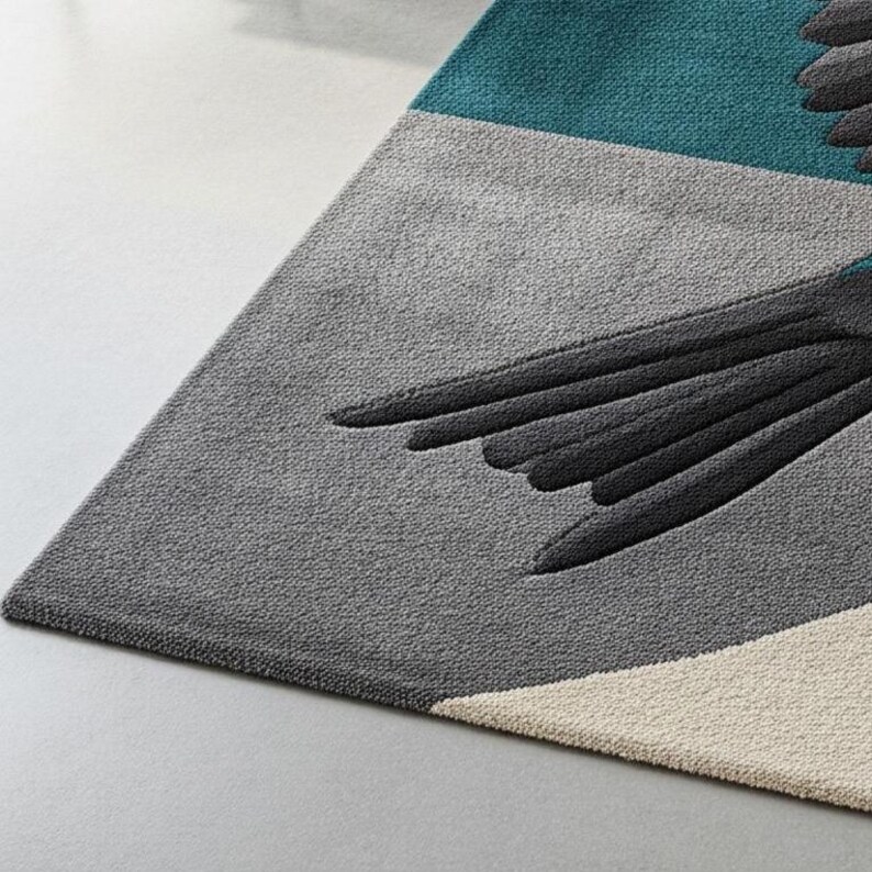 Hand-Tufted Wool Bird Rug Gray, Teal, and Off-White