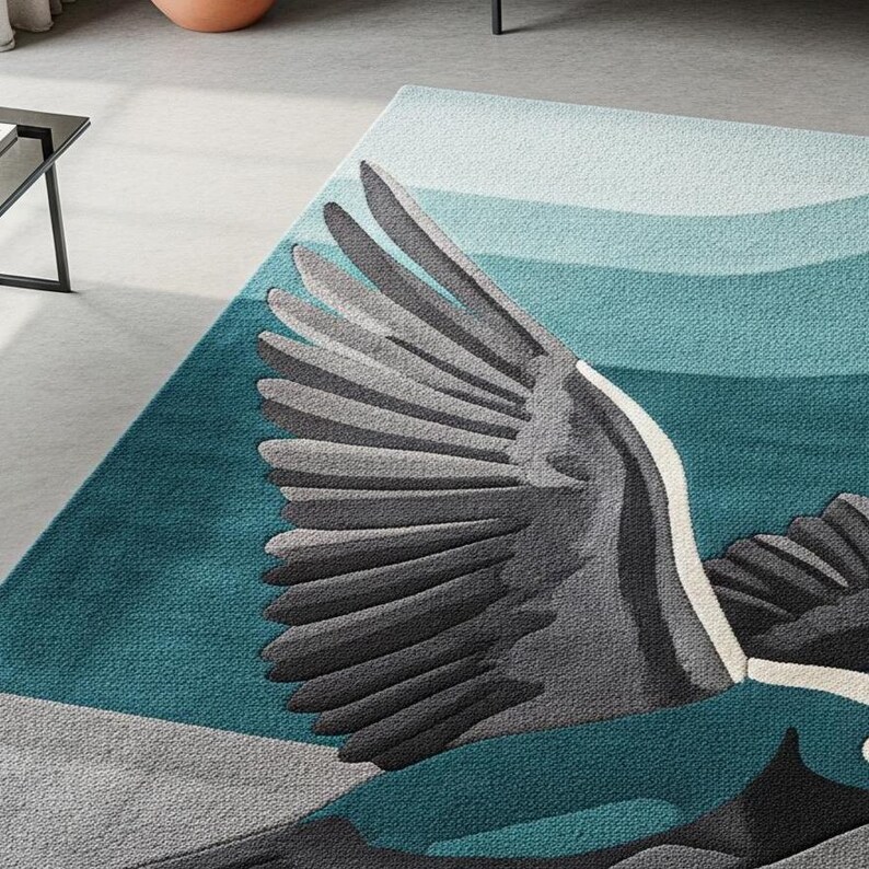 Hand-Tufted Wool Bird Rug Gray, Teal, and Off-White