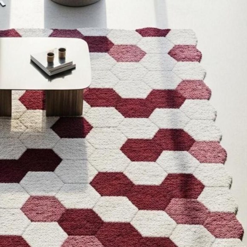 Hand-Tufted Wool Hexagon Area Rug Deep Wine & White Geometric Design
