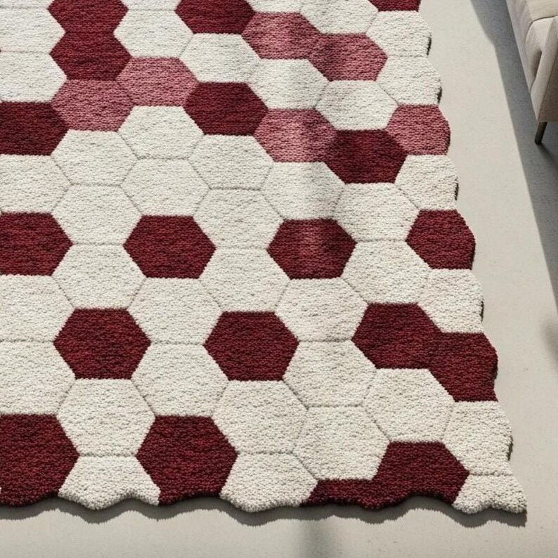 Hand-Tufted Wool Hexagon Area Rug Deep Wine & White Geometric Design