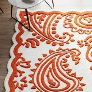 Ivory and Orange Scalloped Edge Floral Wool Area Rug