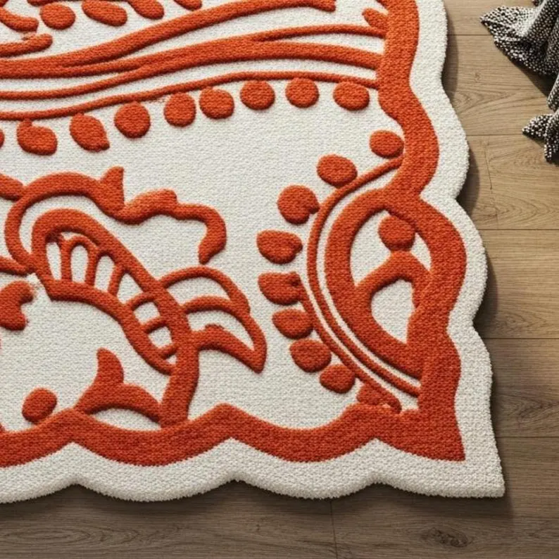 Ivory and Orange Scalloped Edge Floral Wool Area Rug