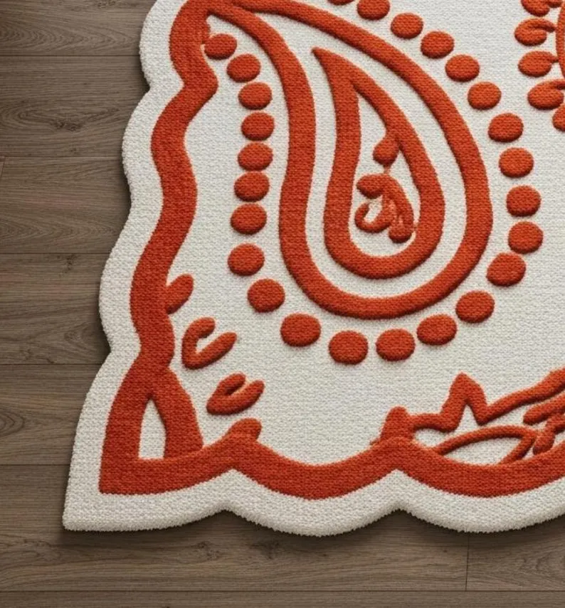 Ivory and Orange Scalloped Edge Floral Wool Area Rug
