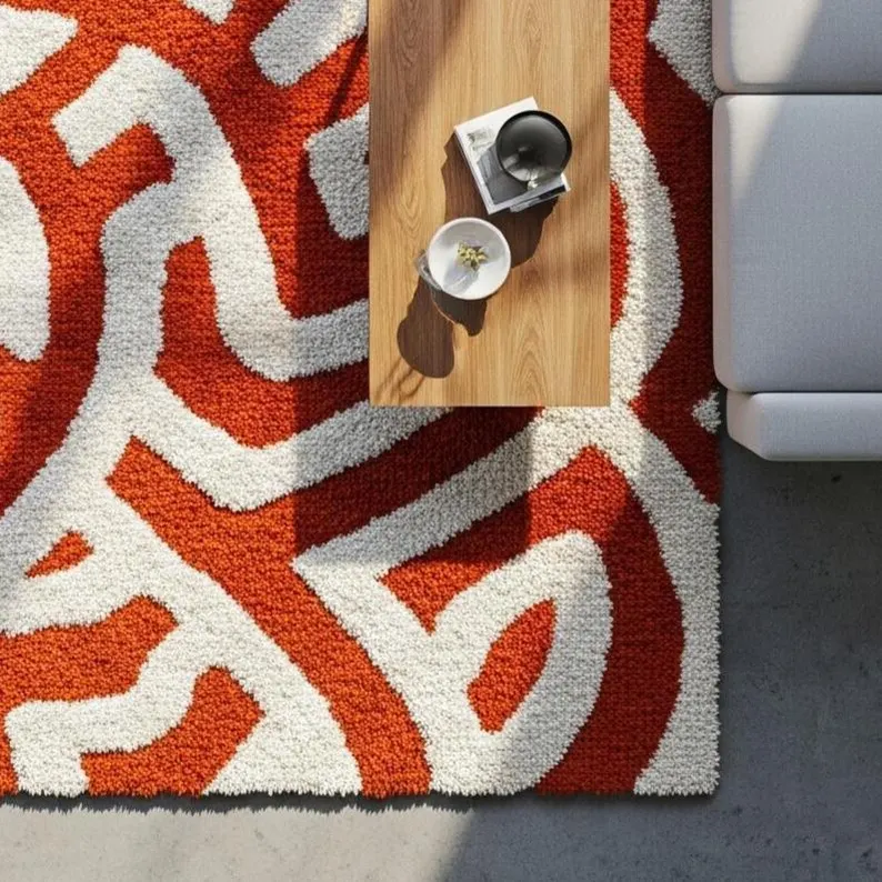 Modern Ivory Orange Abstract Hand Tufted Wool Area Rug