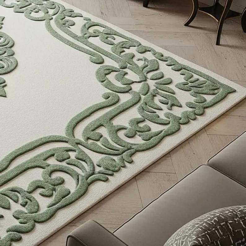 Off White Sage Green Vintage Floral Hand Tufted Area Rug
