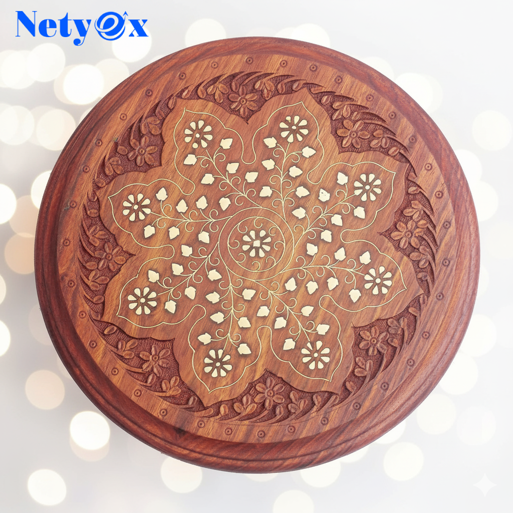 Sheesham Wood Brass Carved Side Table