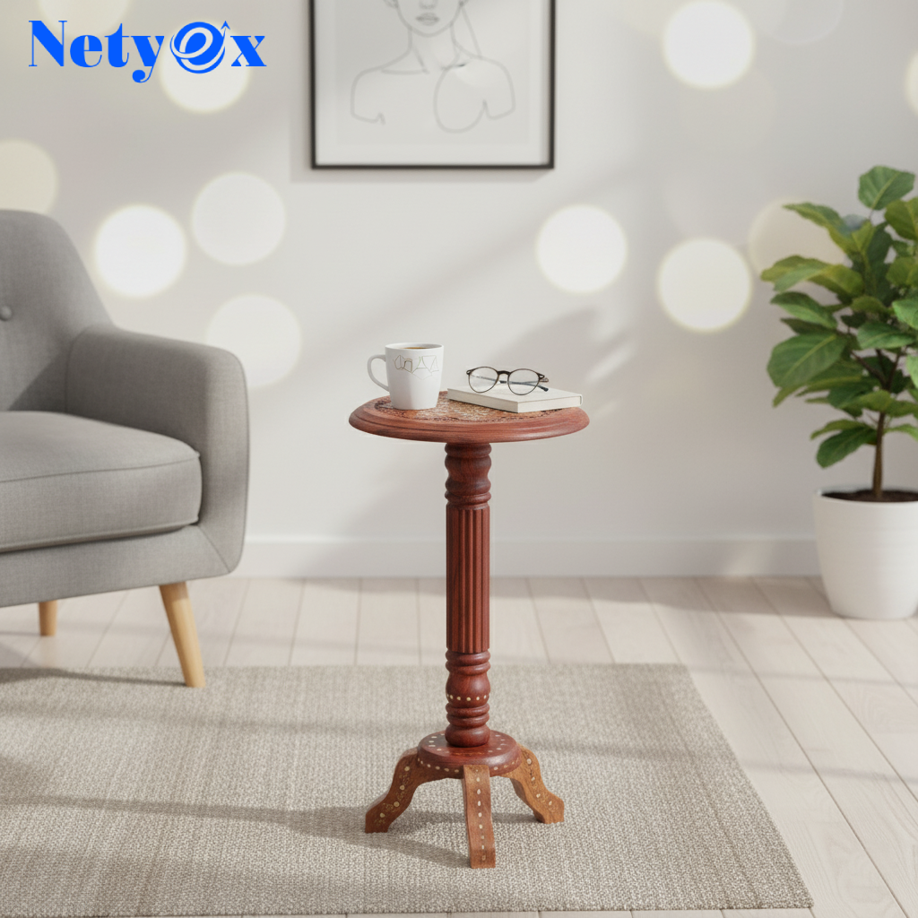 Sheesham Wood Brass Carved Side Table