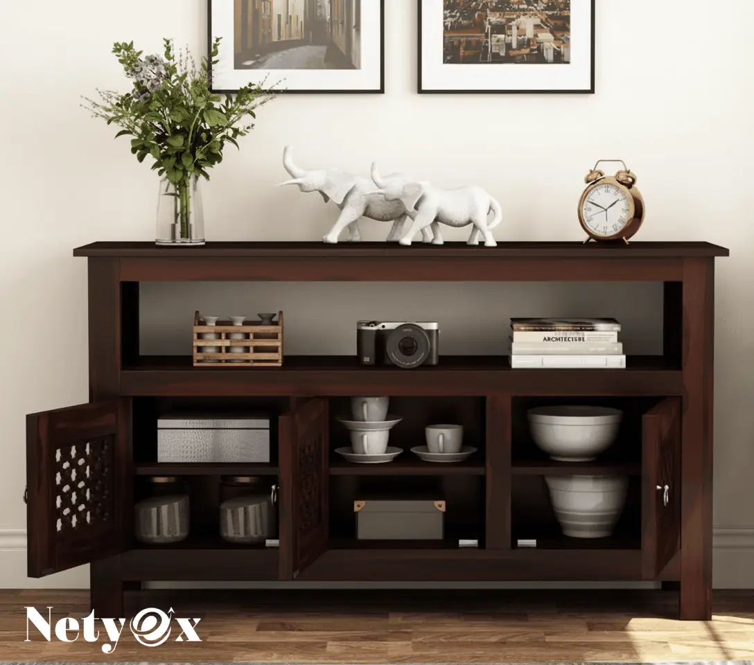 Solid Wooden Cabinet Sideboard with 6 Shelves and 3-Door Storage