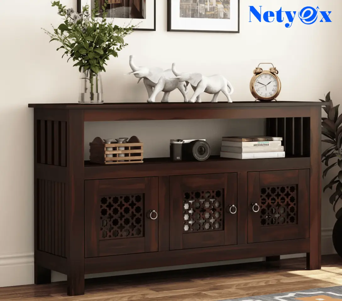 Solid Wooden Cabinet Sideboard with 6 Shelves and 3-Door Storage
