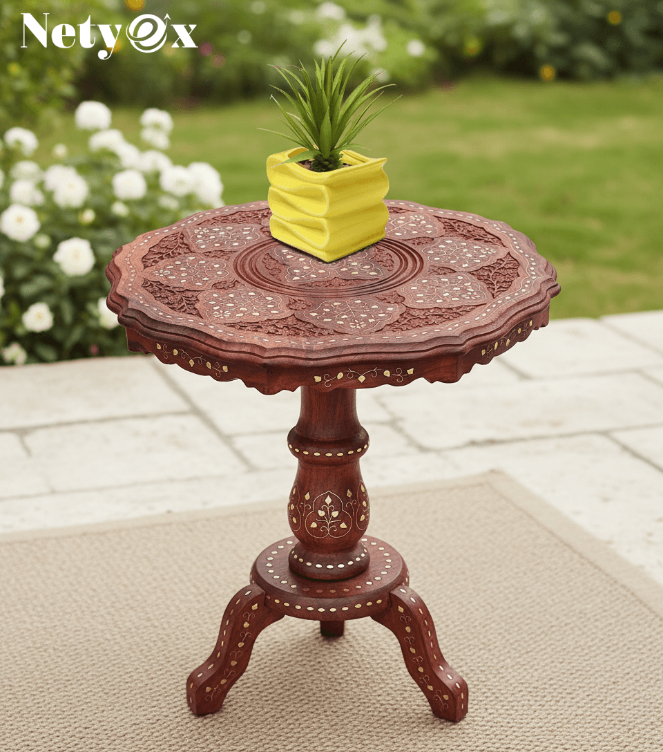 Wooden Round Side Coffee Table with Brass, Outdoor