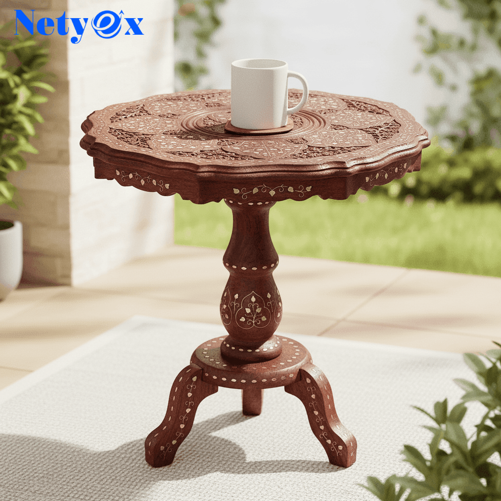 Wooden Round Side Coffee Table with Brass, Outdoor