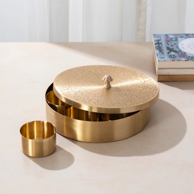 6-Inch Brass Spice Box with Spoon