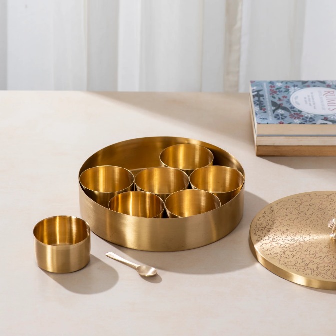 6-Inch Brass Spice Box with Spoon