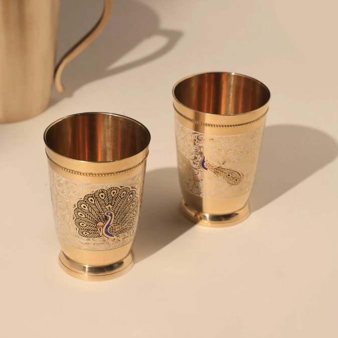 Brass Engraved Peacock Glass Set