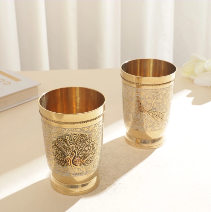 Brass Engraved Peacock Glass Set