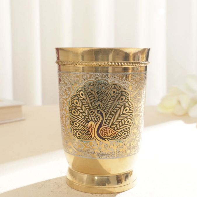 Brass Engraved Peacock Glass Set