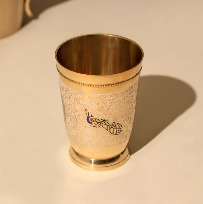 Brass Engraved Peacock Glass Set