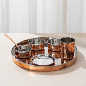 Copper Steel Thali Set with Shiny Curved Look