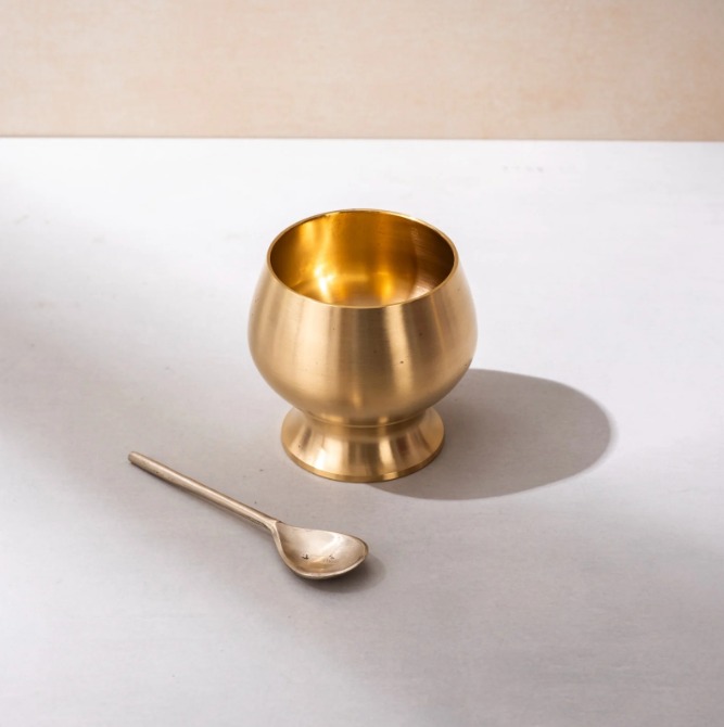 Handcrafted Brass Dessert Bowl with Spoon – Oreo Pattern Design