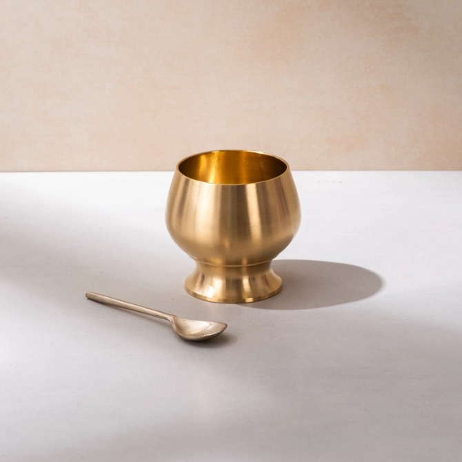 Handcrafted Brass Dessert Bowl with Spoon – Oreo Pattern Design