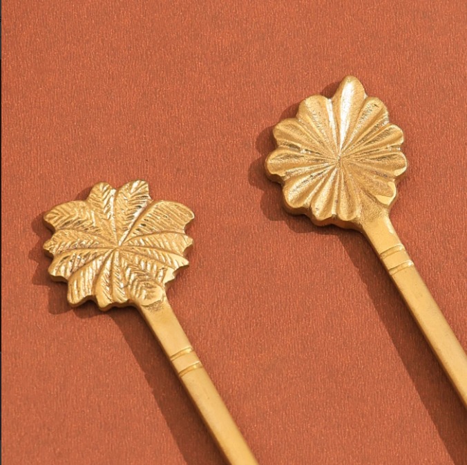 Premium Brass Spoon Set Featuring Elegant Leaf Motif Handles