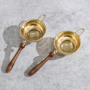 Premium Brass Tea Strainer Duo with Polished Wooden Handles