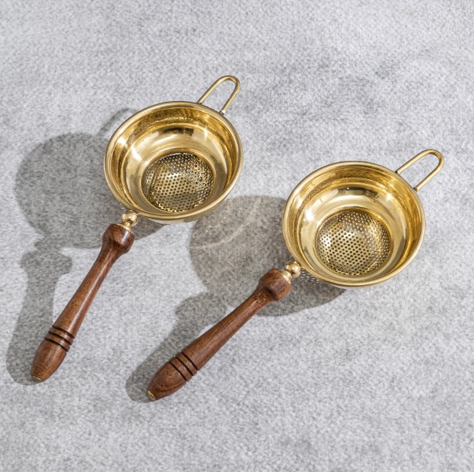 Premium Brass Tea Strainer Duo with Polished Wooden Handles