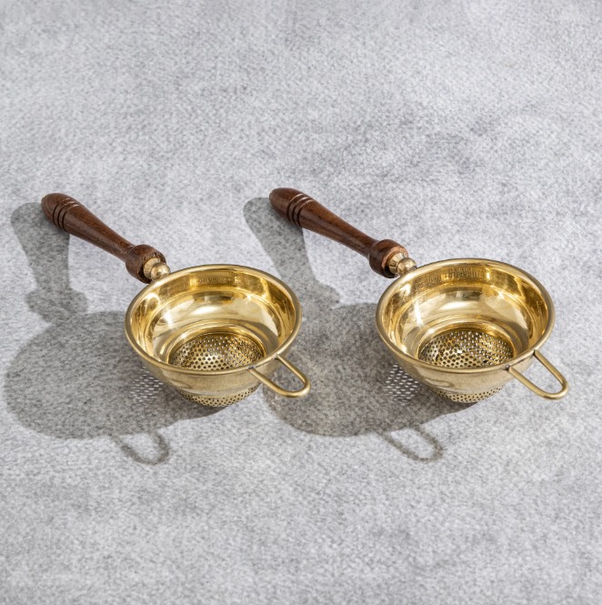Premium Brass Tea Strainer Duo with Polished Wooden Handles