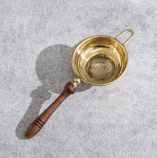 Premium Brass Tea Strainer Duo with Polished Wooden Handles