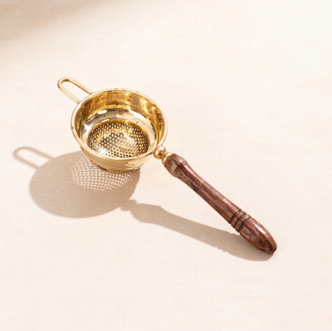 Premium Brass Tea Strainer Duo with Polished Wooden Handles