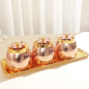 Set of 3 Copper-Finish Dry Fruit Containers with Sleek Serving Tray