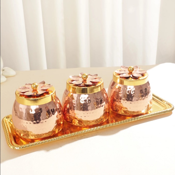 Set of 3 Copper-Finish Dry Fruit Containers with Sleek Serving Tray