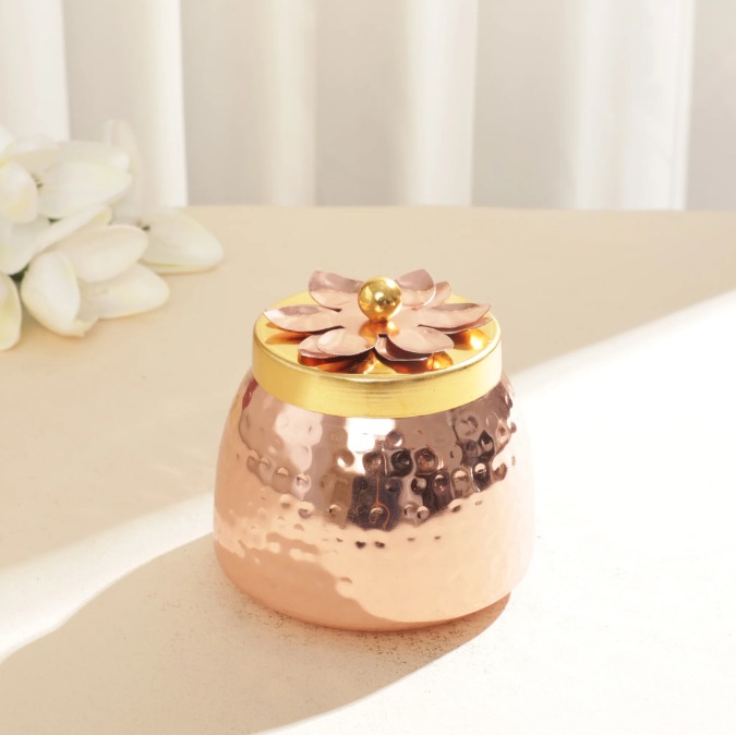 Set of 3 Copper-Finish Dry Fruit Containers with Sleek Serving Tray