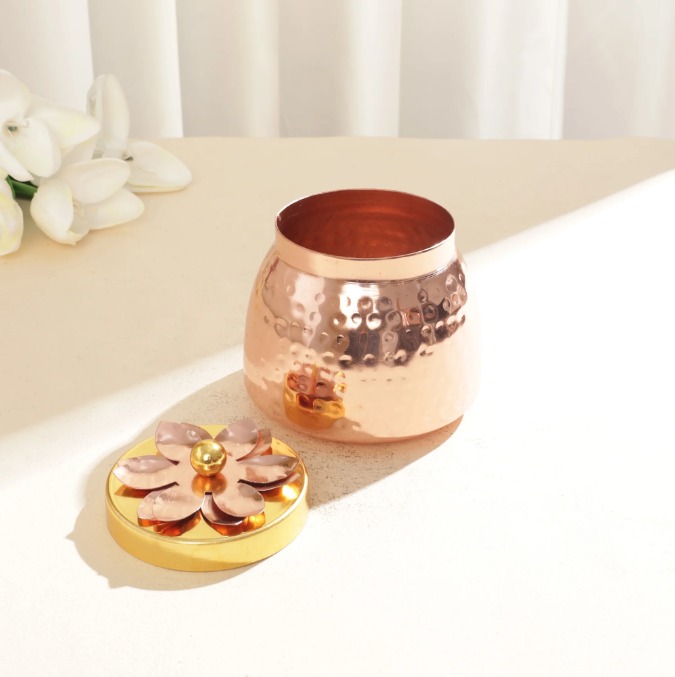 Set of 3 Copper-Finish Dry Fruit Containers with Sleek Serving Tray
