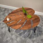 Leaf Design Wooden Coffee Table with Metal Hairpin Legs