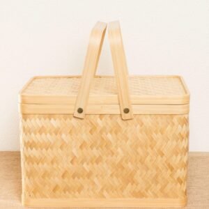 Handwoven Bamboo Picnic Storage Basket with Lid & Handle