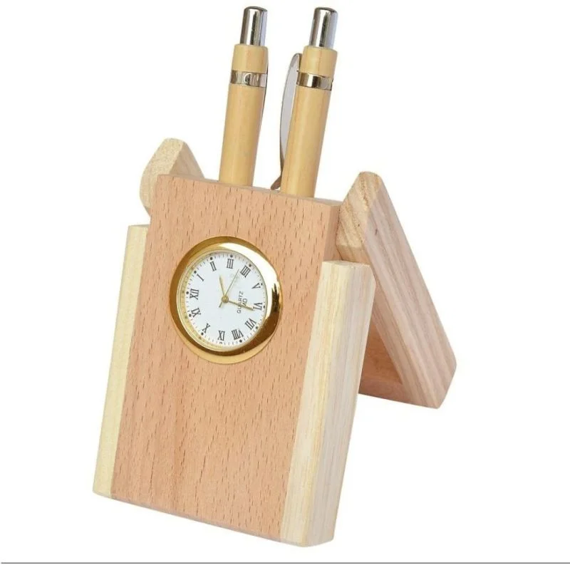 Premium Wooden Desk Organizer with Table Clock