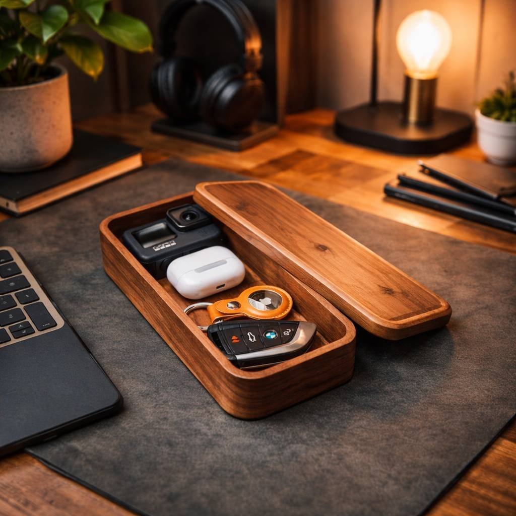 Premium Wooden Office Storage Box with Lid – Desk Organizer for Keys, Earbuds & Everyday Essentials Upgrade your workspace with our Premium Wooden Office Storage Box, a sleek and sophisticated solution for keeping your daily essentials neatly organized. Crafted from high-quality solid wood with a rich walnut finish, this elegant desk organizer combines luxury aesthetics with practical storage. Designed with a smooth closed-lid minimalist look, this box is ideal for storing car keys, earbuds, watches, USB drives, coins, pens, chargers, and other small office accessories while keeping your desk clutter-free. The compact rectangular design fits beautifully on office desks, executive cabins, home workstations, reception counters, and conference rooms. Perfect for corporate gifting, executive desk accessories, luxury office décor brands, and B2B bulk sourcing, this storage box adds a refined touch to any professional setting. Key Features ✅ Premium handcrafted wooden construction ✅ Elegant closed-lid luxury design ✅ Compact & space-saving desk organizer ✅ Ideal for keys, gadgets, stationery & EDC items ✅ Smooth polished finish with rich wood grain ✅ Perfect for office, home desk & gifting ✅ Suitable for bulk corporate orders & exports Best For Corporate gifting companies Office décor wholesalers Workspace accessory brands Premium lifestyle retailers Export buyers & importers Executive desk setup collections