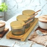 3-Piece Glass Spice Jar Set with Wooden Lids, Spoons & Tray