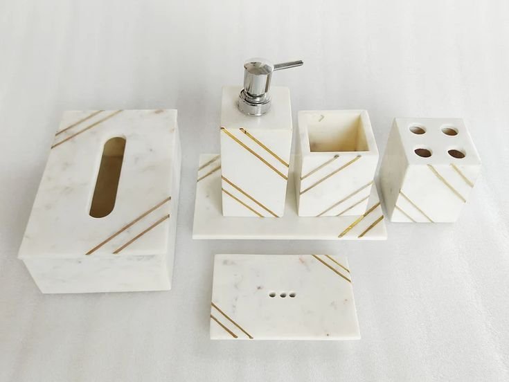 Contemporary Marble Bath Set with Gold Line Design