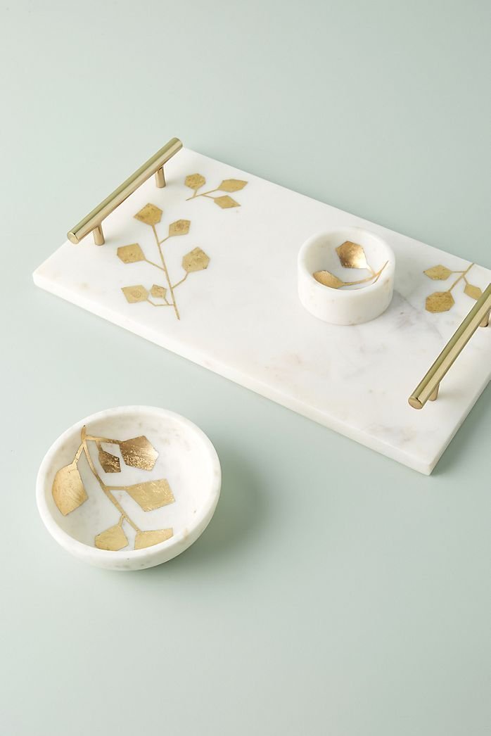 Decorative Marble Serving Tray with Brass Handles