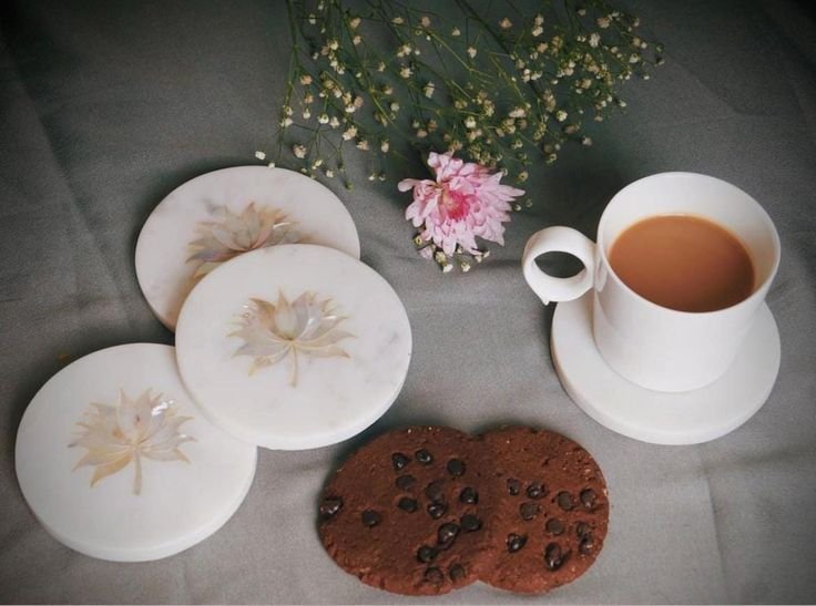 Floral Marble Coaster Collection with Mother-of-Pearl Inlay